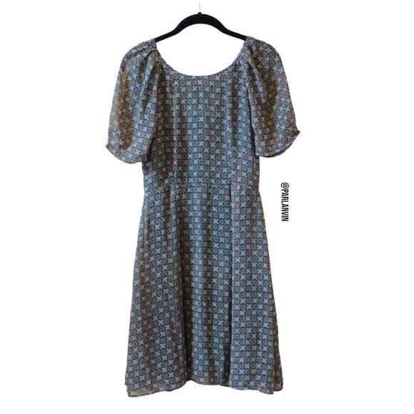 Pinkyotto Fit and Flare Chiffon Peasant Geometric Pattern Print Dress Green XS - Picture 1 of 11